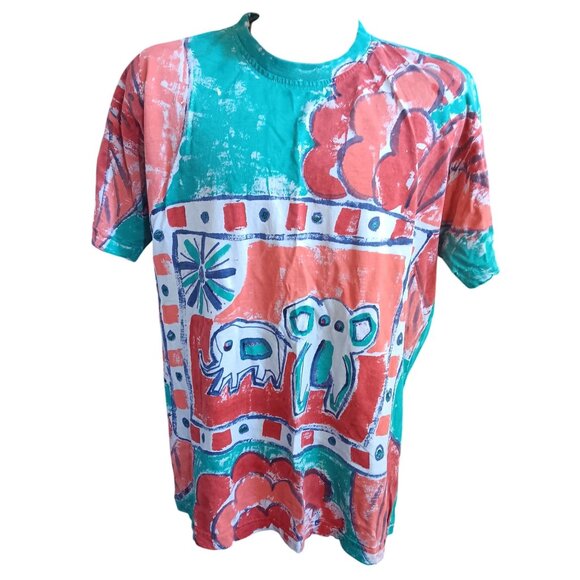 Large Vintage T-shirt Elephant Graphic Hand Painted Heather 1OF1 80's USA - Picture 2 of 9